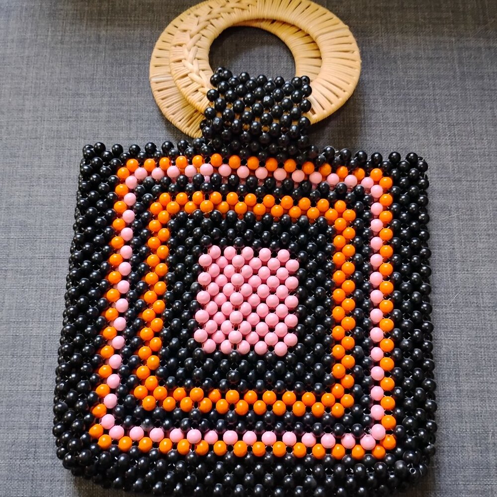 Urban Expressions Circle Beaded Tote Handbag Boho Wicker decorative handles